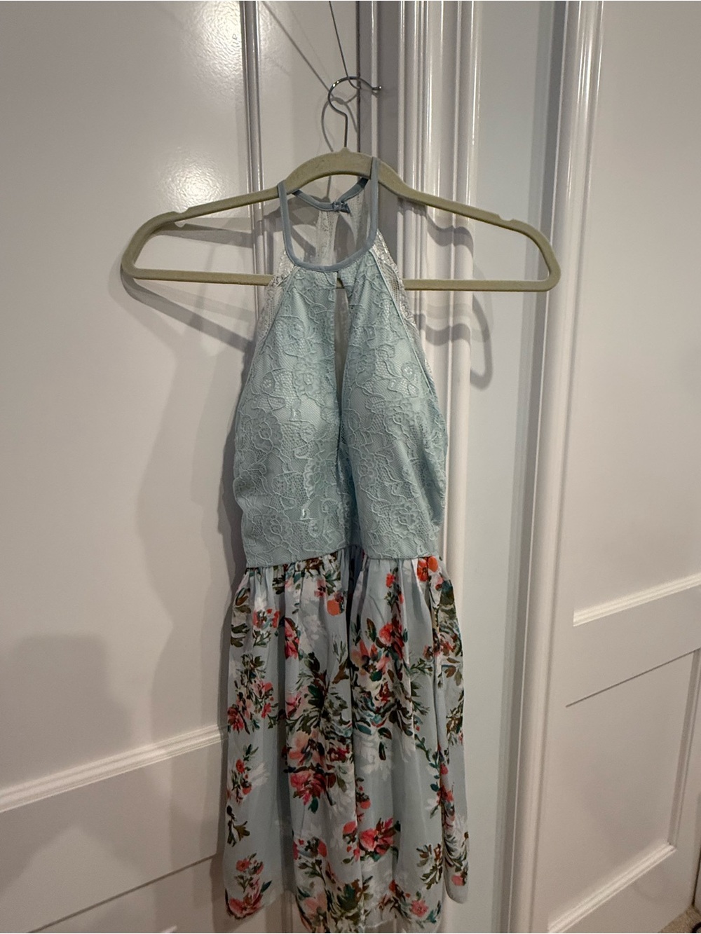 Speechless Light Blue Lace Halter Floral Skirt Dress